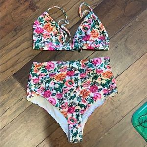 Floral high waisted bikini, gold grommets top